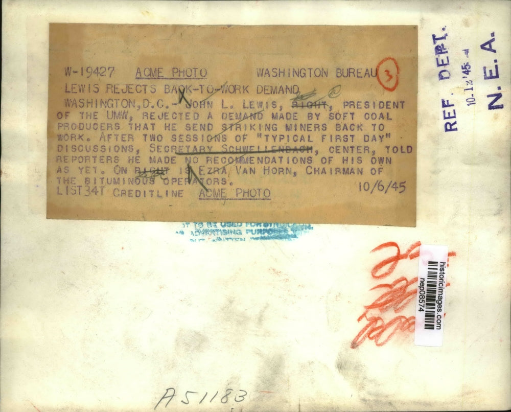 1945 Press Photo John L Lewis Rejects Soft Coal Producers' Demand - nep08574