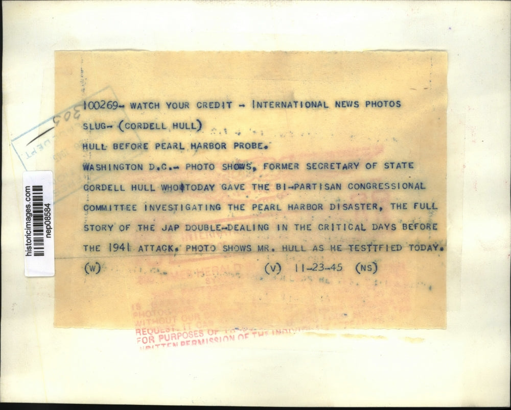 1945 Press Photo Secy of State Hull Testifies Before Pearl Harbor Probe