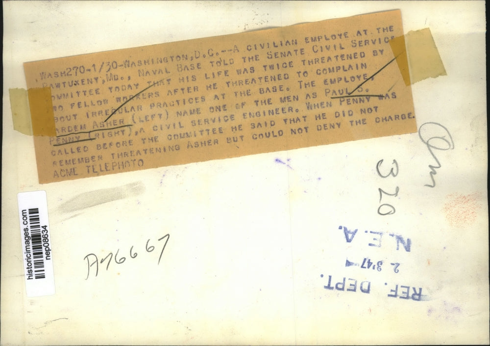 1947 Press Photo Civilian MD Naval Base Employee Alleges Threats for Reporting