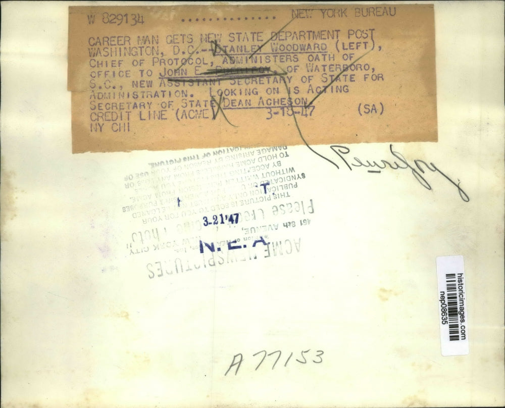 1947 Press Photo Stanley Woodward Administers Oath to John E Peurifoy