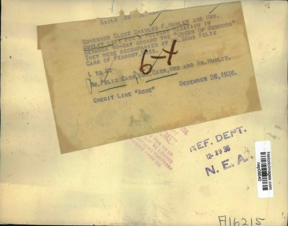 1936 Press Photo Gov Elect Charles F Hurley & Wife Leave for Bermuda Vacation