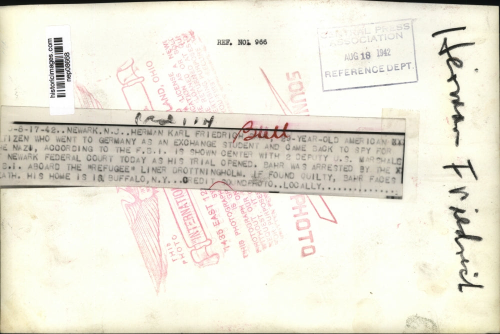 1942 Press Photo Amer Exchange Student Alleged Turned Spy, Herman Friedrich