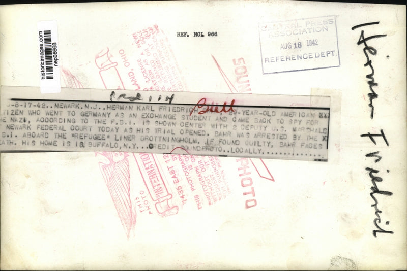 Load image into Gallery viewer, 1942 Press Photo Amer Exchange Student Alleged Turned Spy, Herman Friedrich
