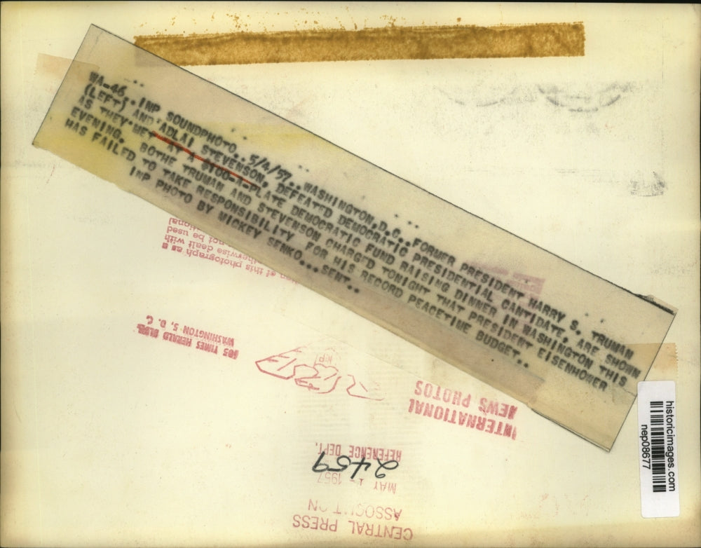 1957 Press Photo Former Pres Truman & Adlai Stevenson Shown at Dem Fund Dinner