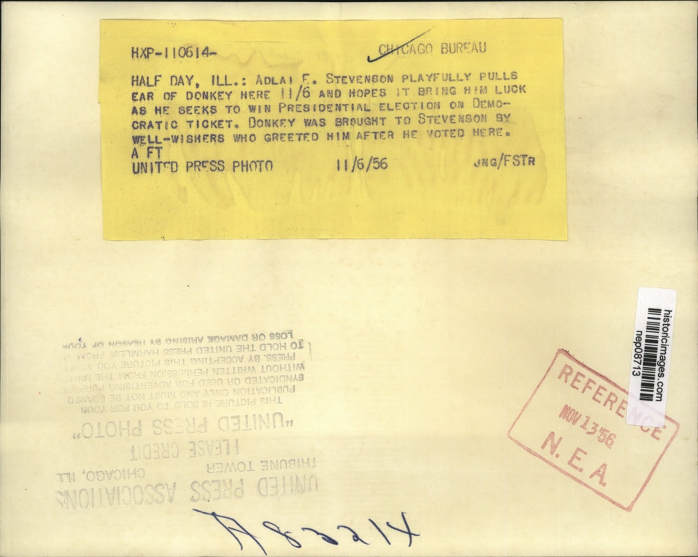 1956 Press Photo Adlai Stevenson Pulls on Donkey Ear for Good Luck - nep08713