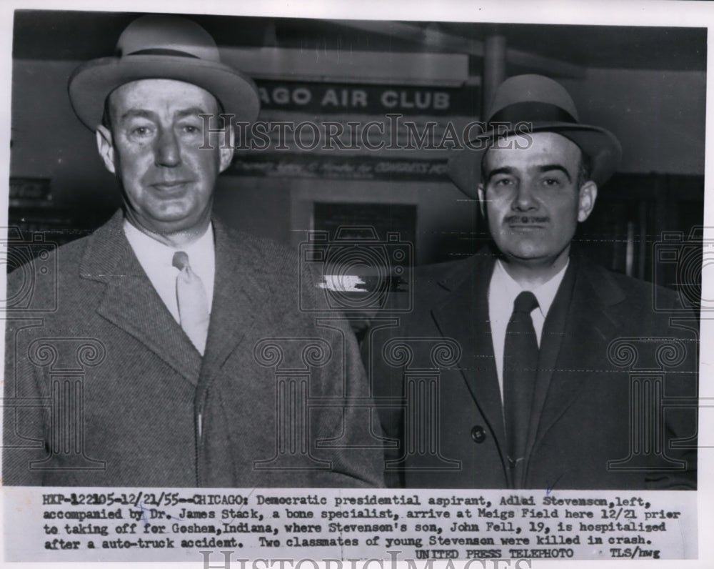 1955 Press Photo Adlai Stevenson Accompanied by Dr. James Stack at Meigs Field