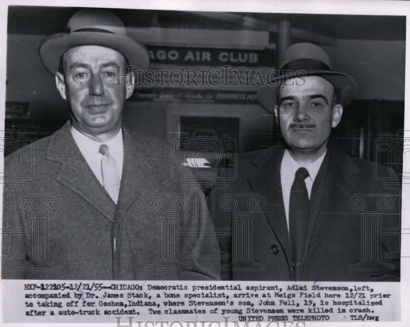 Load image into Gallery viewer, 1955 Press Photo Adlai Stevenson Accompanied by Dr. James Stack at Meigs Field
