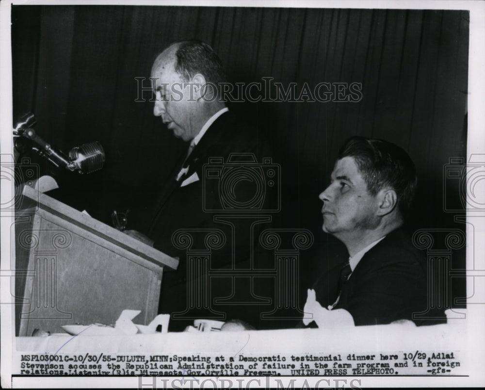 1955 Press Photo Adlai Stevenson Accuses GOP of Failure in Farm Program