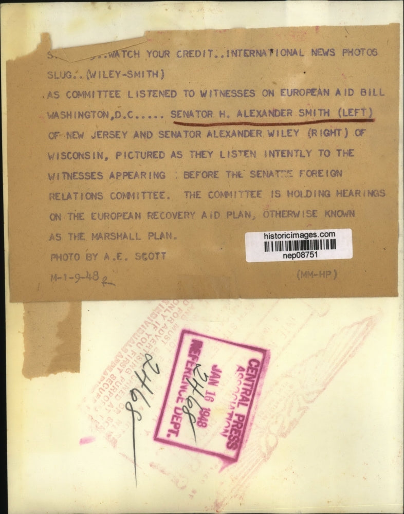 1948 Press Photo Senators Alexander Smith of NJ & Alexander Wiley of Wisconsin