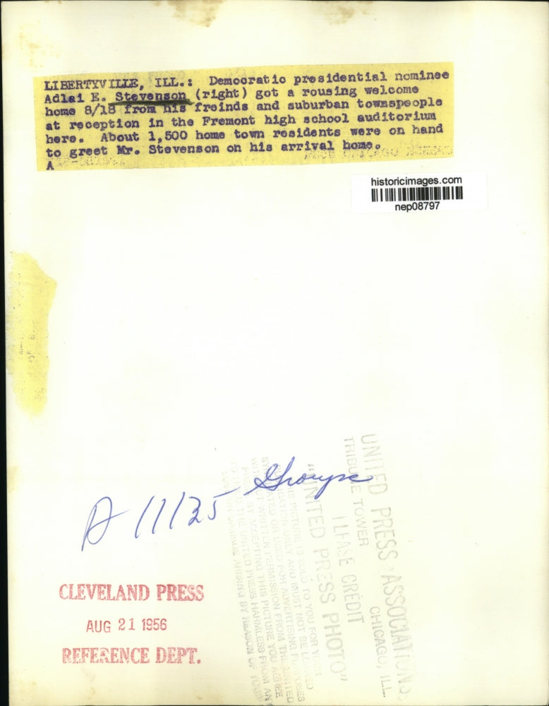 1956 Press Photo Adlai E Stevenson Welcomed Home in Libertyville, IL - nep08797