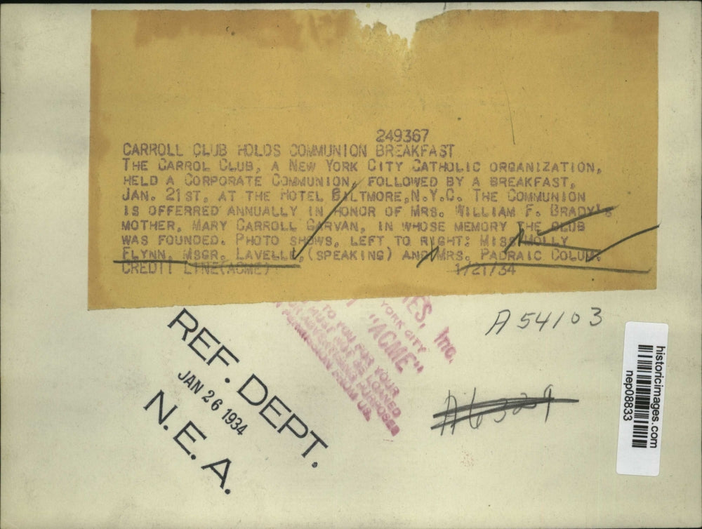 1934 Press Photo Corp Communion Held by Carrol Club Catholic Org. - nep08833