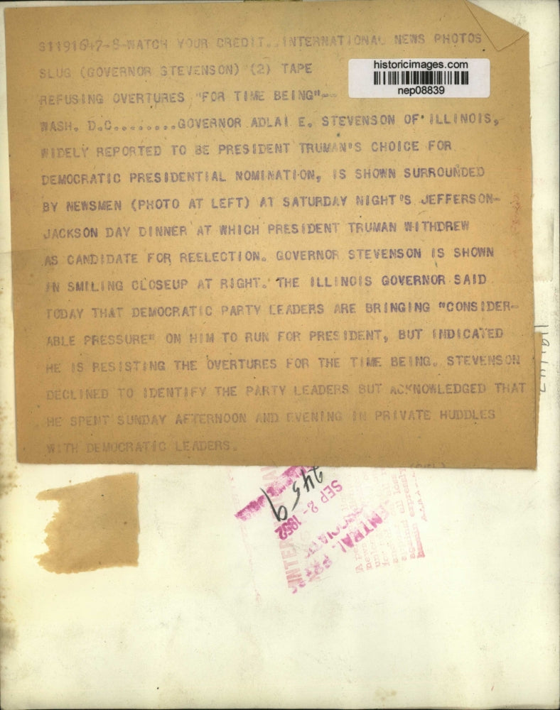 1952 Press Photo Gov Adlai Stevenson Truman's Choice for Dem Pres Nomination