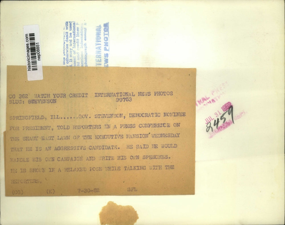 1952 Press Photo Governor Adlai Stevenson in Springfield, IL Press Conference