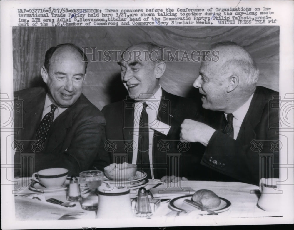 1958 Press Photo Adlai Stevenson, Philip Talbott & Sinclair Weeks at Conference