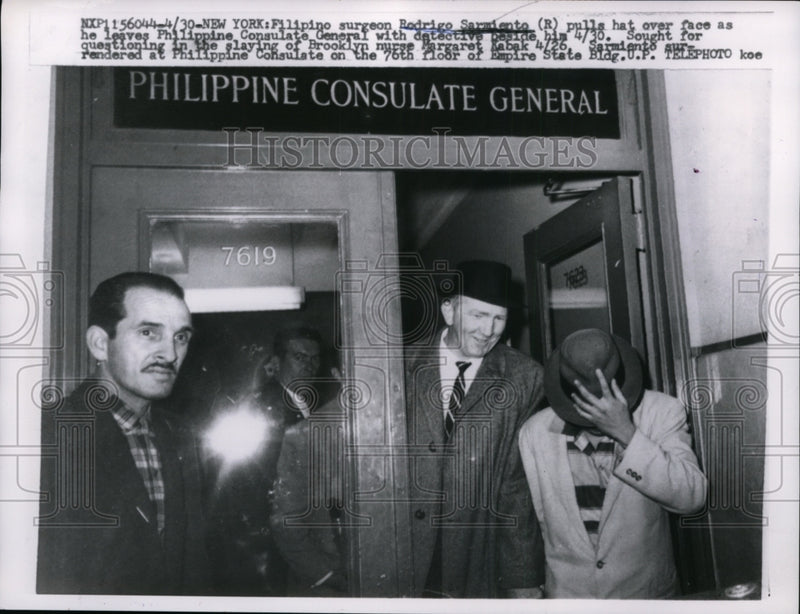Load image into Gallery viewer, 1958 Press Photo Filipino Surgeon Rodrigo Sarmiento Leaves Philippine Consulate
