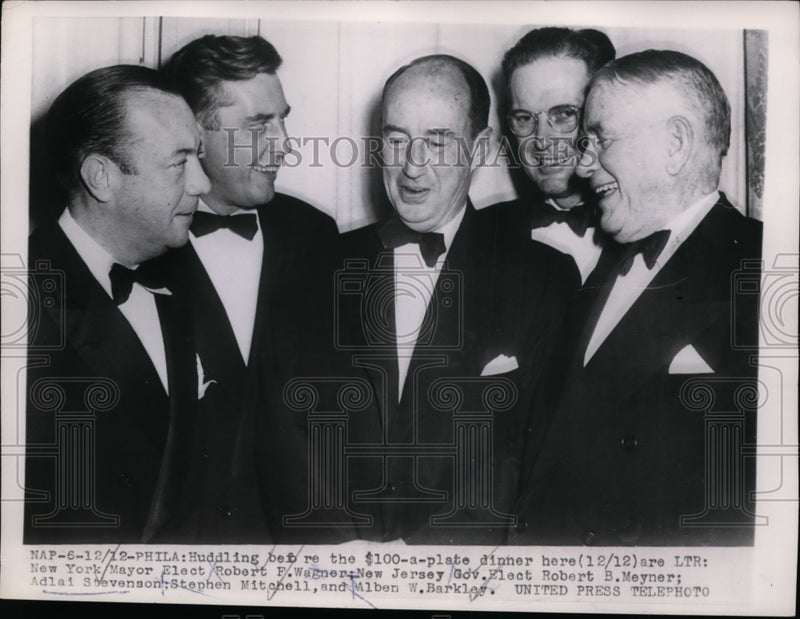 Load image into Gallery viewer, 1953 Press Photo Adlai Stevenson, Robert Wagner at Philadelphia Dinner
