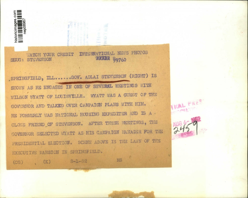 1952 Press Photo Governor Adlai Stevenson & Wilson Wyatt of Louisville