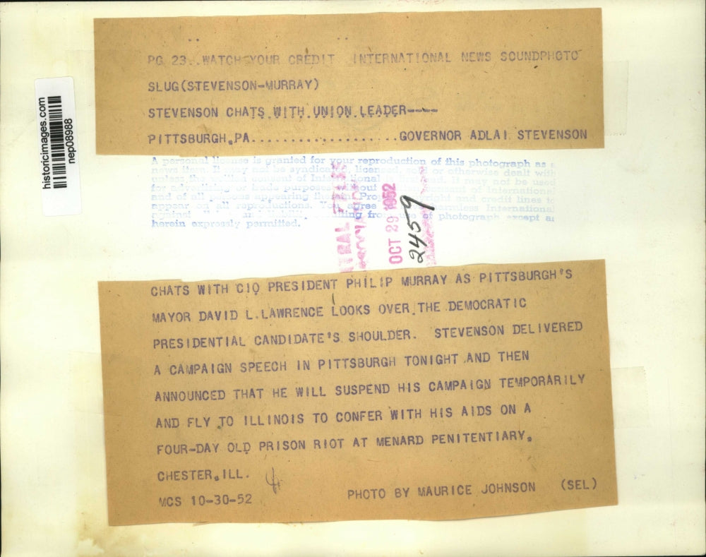 1952 Press Photo Adlai Stevenson, Philip Murray in Pittsburgh w/ Mayor Lawrence