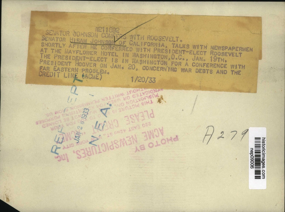 1933 Press Photo Senator Hiram Johnson of CA confered with President Roosevelt