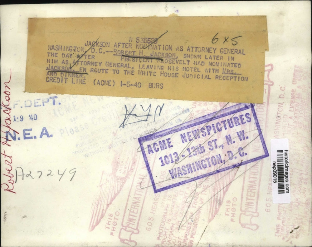 1940 Press Photo Mr & Mrs Robert Jackson en Route to White House Judicial Dinner