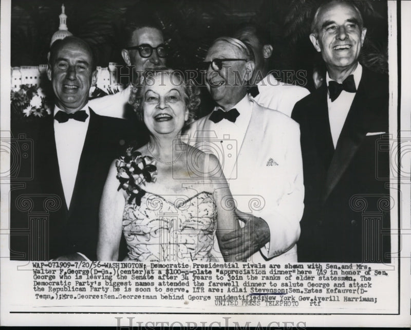 Load image into Gallery viewer, 1956 Press Photo Adlai Stevenson w/ Mr &amp; Mrs Walter George at Democratic Dinner
