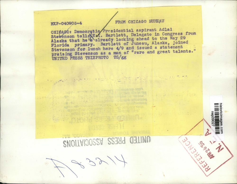 1956 Press Photo Presidential candidate Adlai Stevenson & EI Bartlett in Chicago
