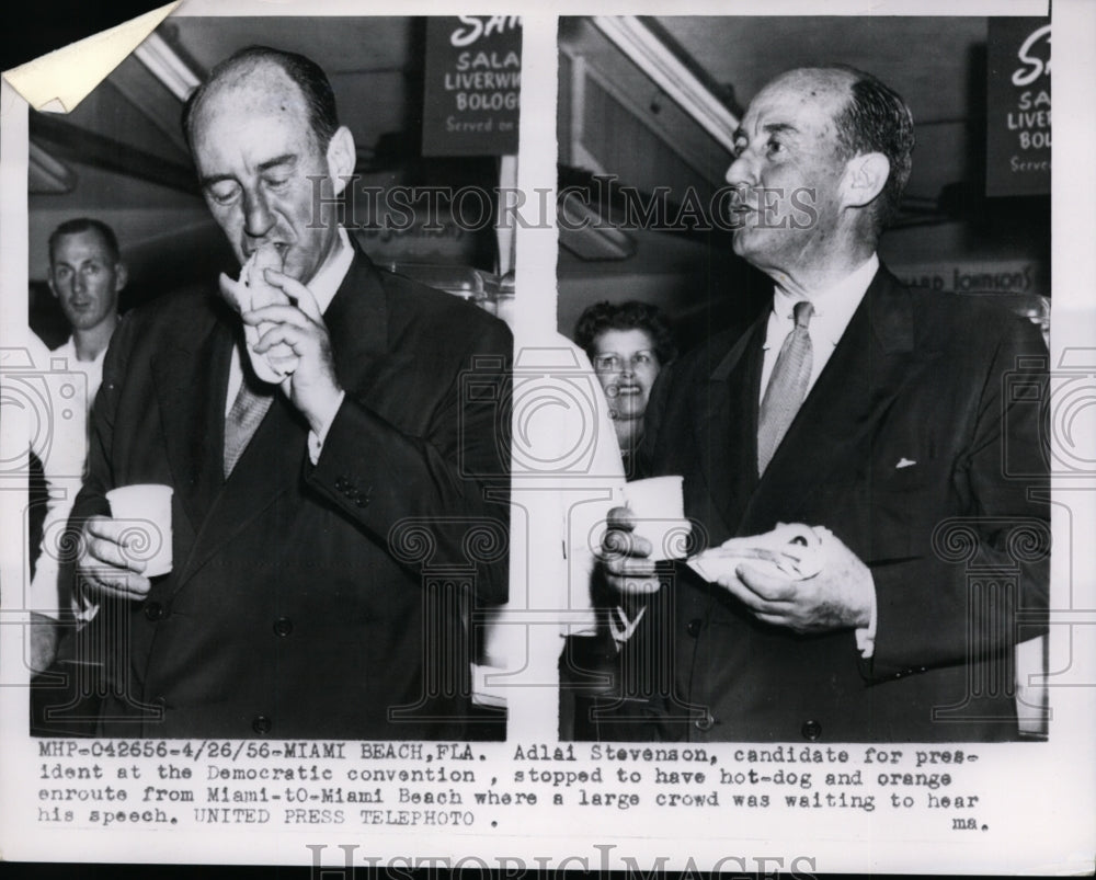 1956 Press Photo Adlai Stevenson Eating Hotdog in Miami Beach, Florida
