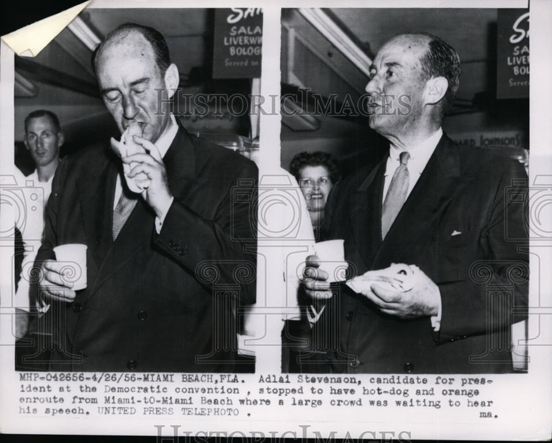 Load image into Gallery viewer, 1956 Press Photo Adlai Stevenson Eating Hotdog in Miami Beach, Florida
