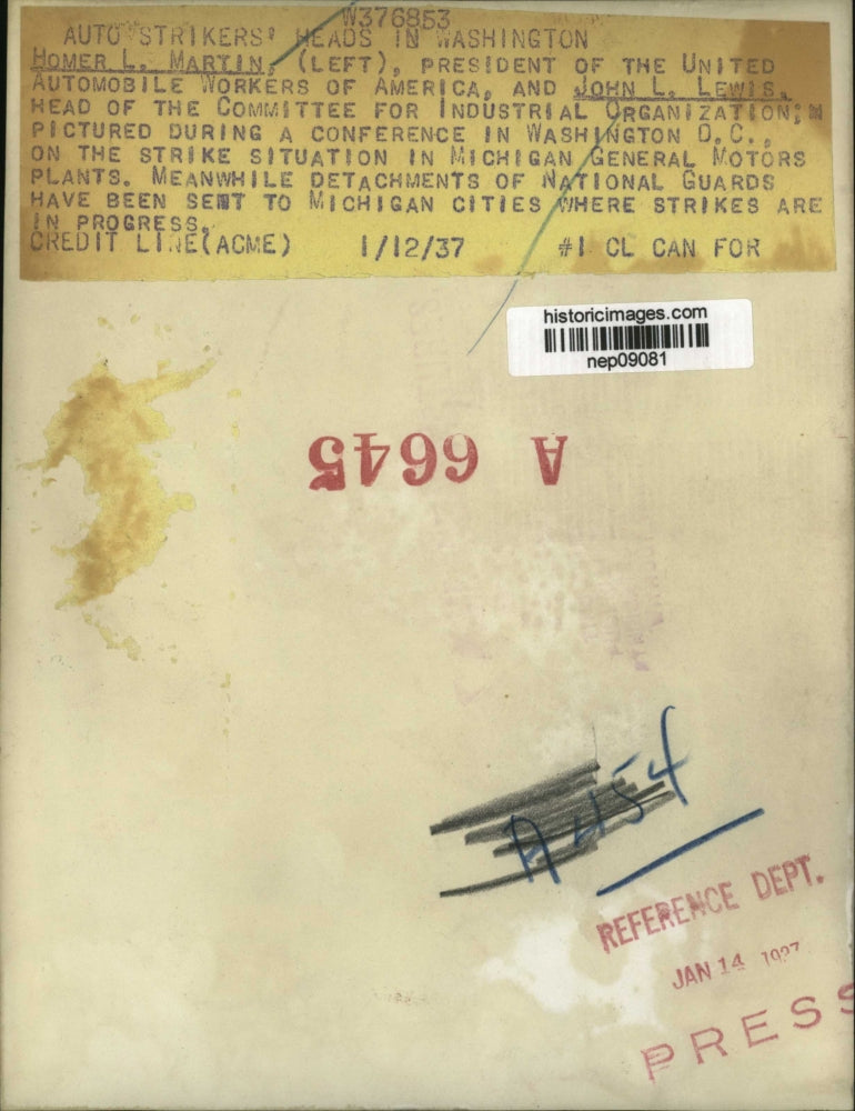 1937 Press Photo UAW President Homer L Martin, John L Lewis of UAW - nep09081