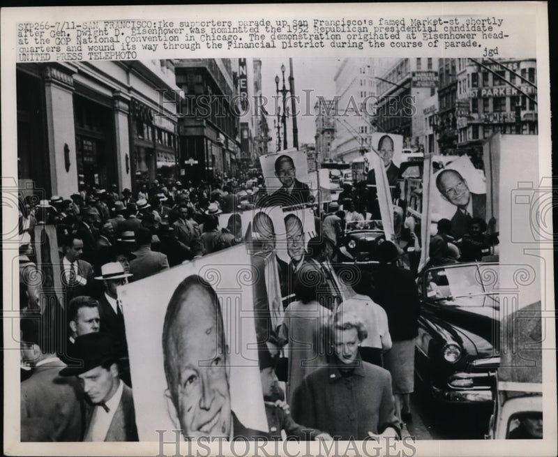 Load image into Gallery viewer, 1952 Press Photo Dwight Eisenhower Supporters in Market St San Francisco

