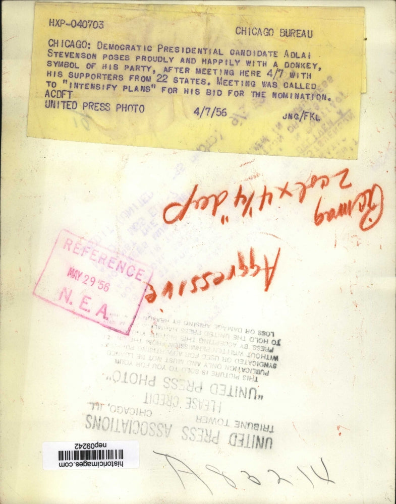 1956 Press Photo Adlai Stevenson w/ Democratic Donkey in Chicago - nep09242