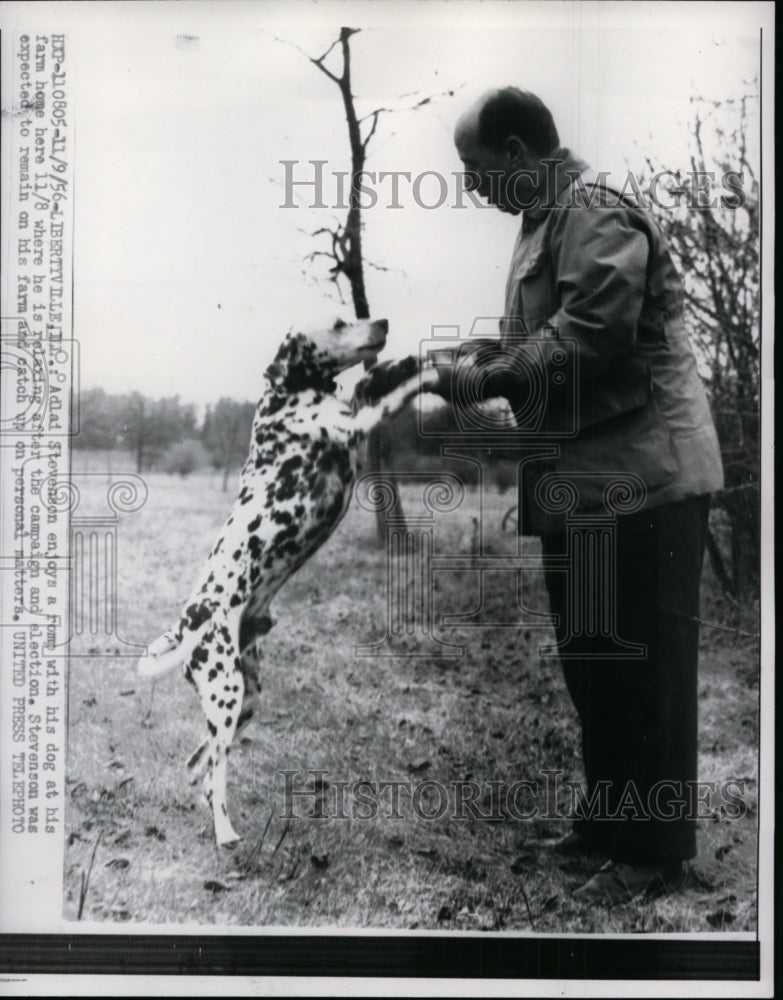1956 Press Photo Adlai Stevenson w/ Dog at Libertyville, Illinois Home