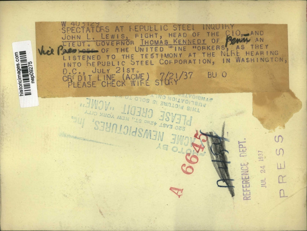 1937 Press Photo John L Lewis & Thomas Kennedy Listen to NLRB Hearing