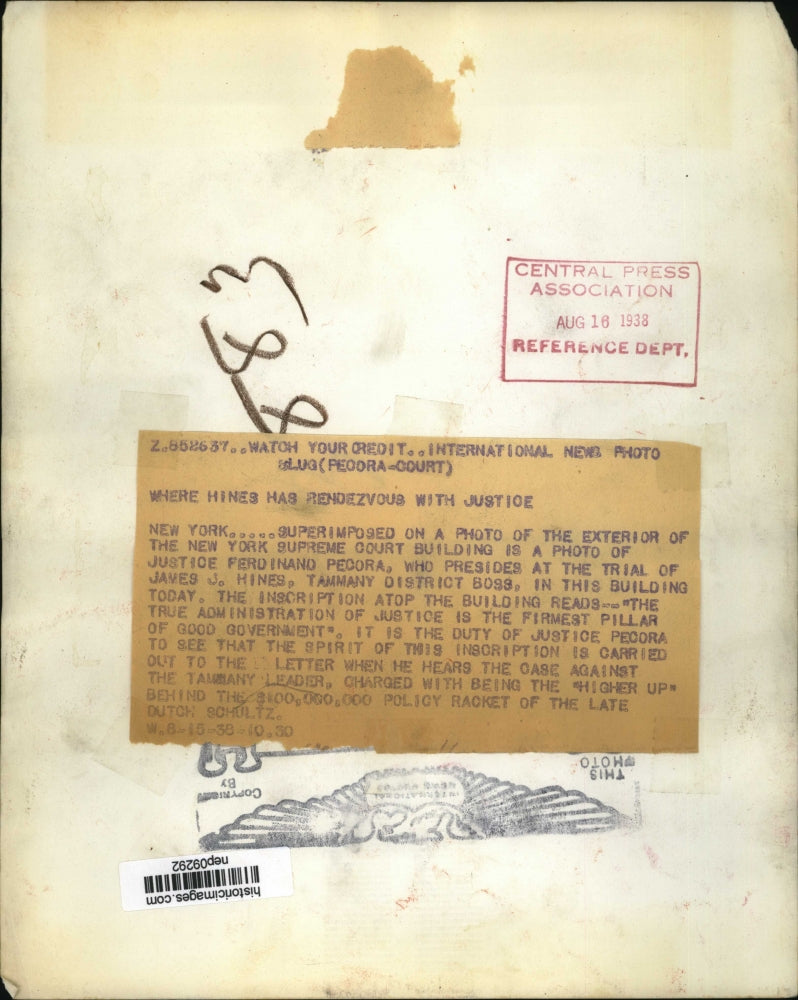 1938 Press Photo Ferdinand Pecora, Presides At Trial James J. Hines, New York