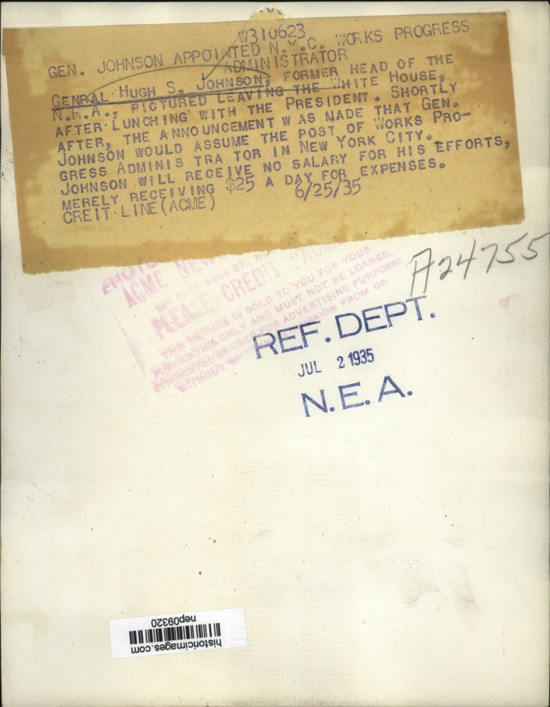 1935 Press Photo General Hugh S Johnson Former Head of NRA Leaving White House