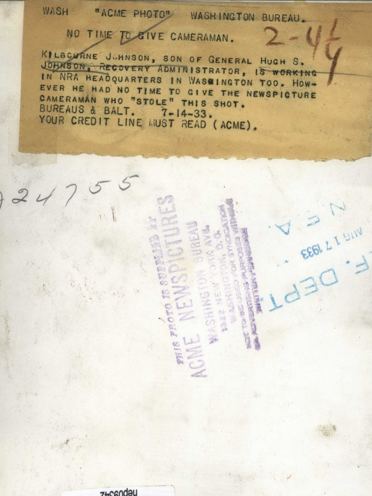 1933 Press Photo Kilbourne Johnson, Son of Gen Hugh S. Johnson, in NRA HQ