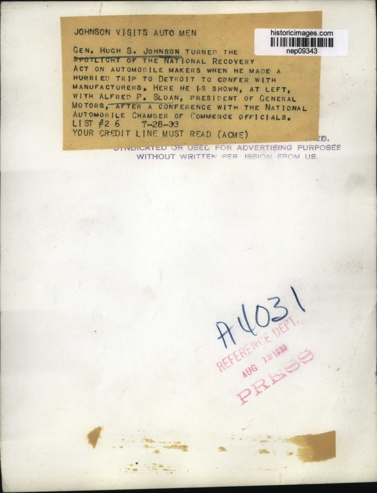 1933 Press Photo Gen Hugh S Johnson Visits Detroit to Confer with Manufacturers