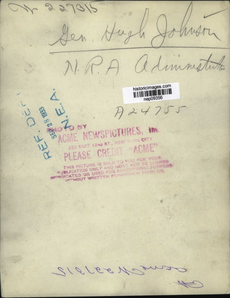 1933 Press Photo General Hugh Johnson, NRA Administrator - nep09356