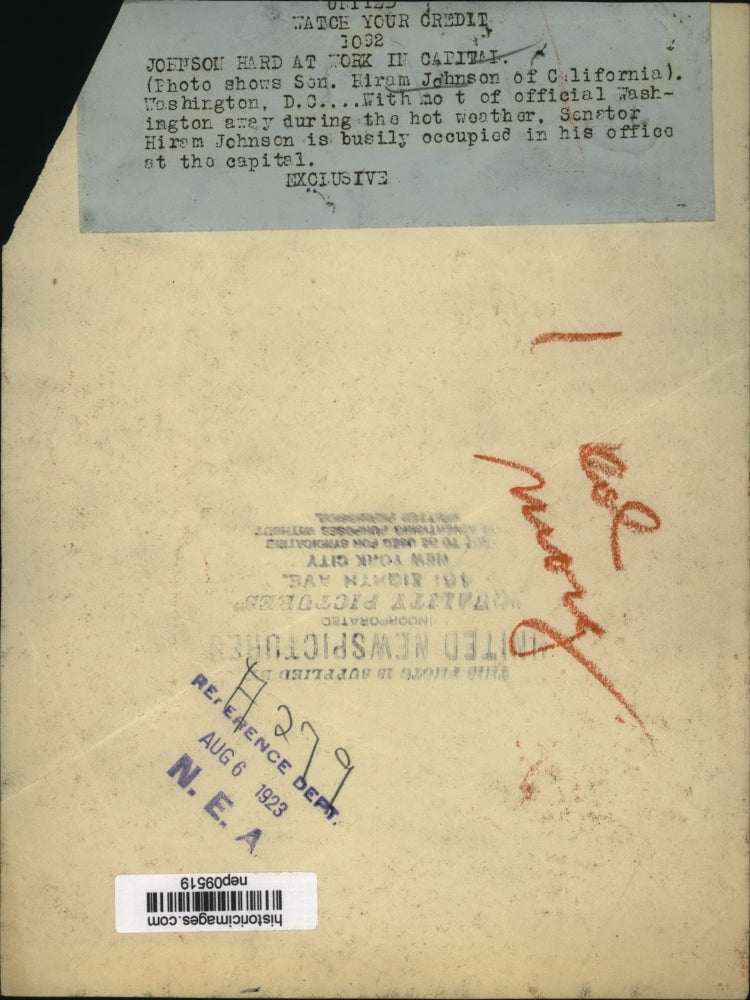 1923 Press Photo Hiram Johnson Hard at Work in Washington, D.C. - nep09519