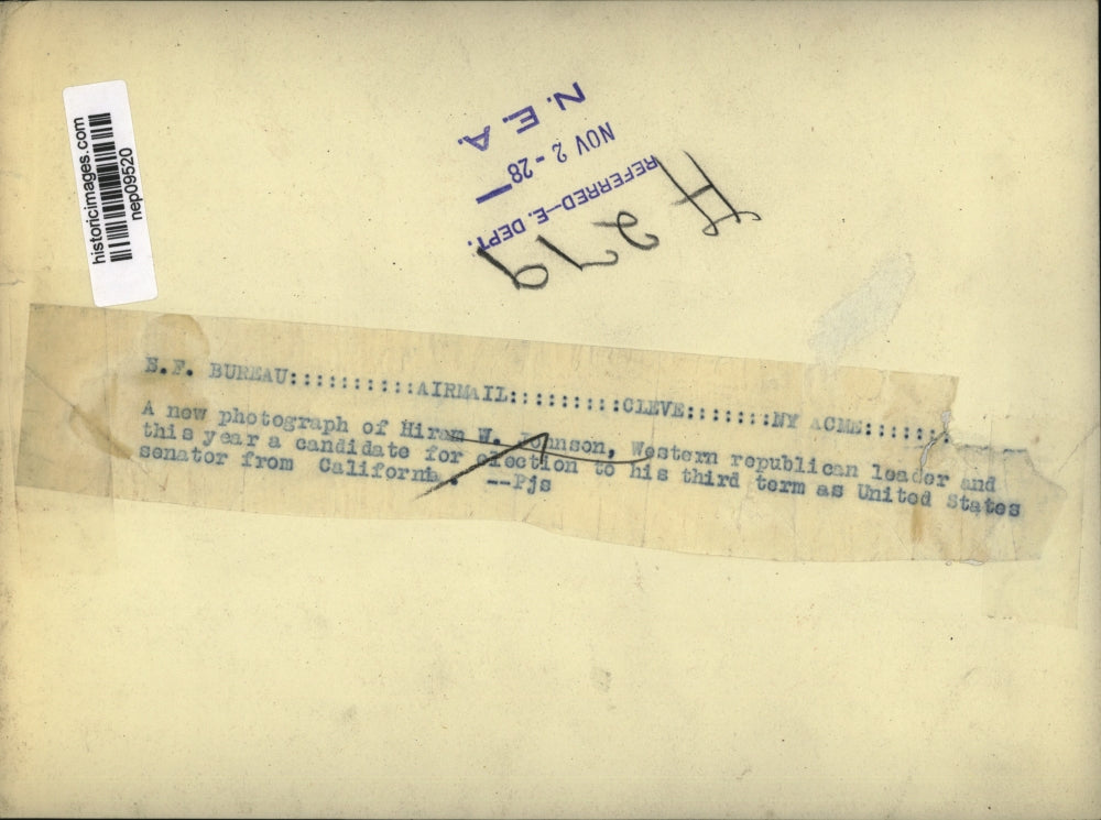 1928 Press Photo Hiram W. Johnson Running for 3rd Term CA Senator - nep09520