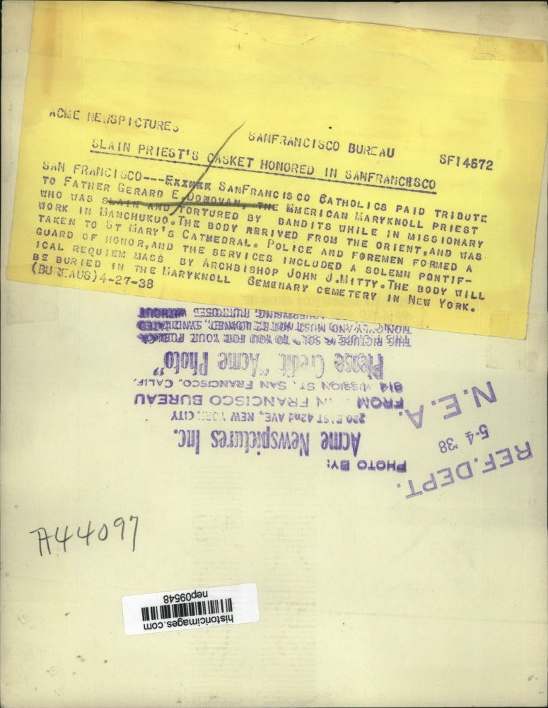 1938 Press Photo Funeral of Father Gerard Donovan in San Francisco CA