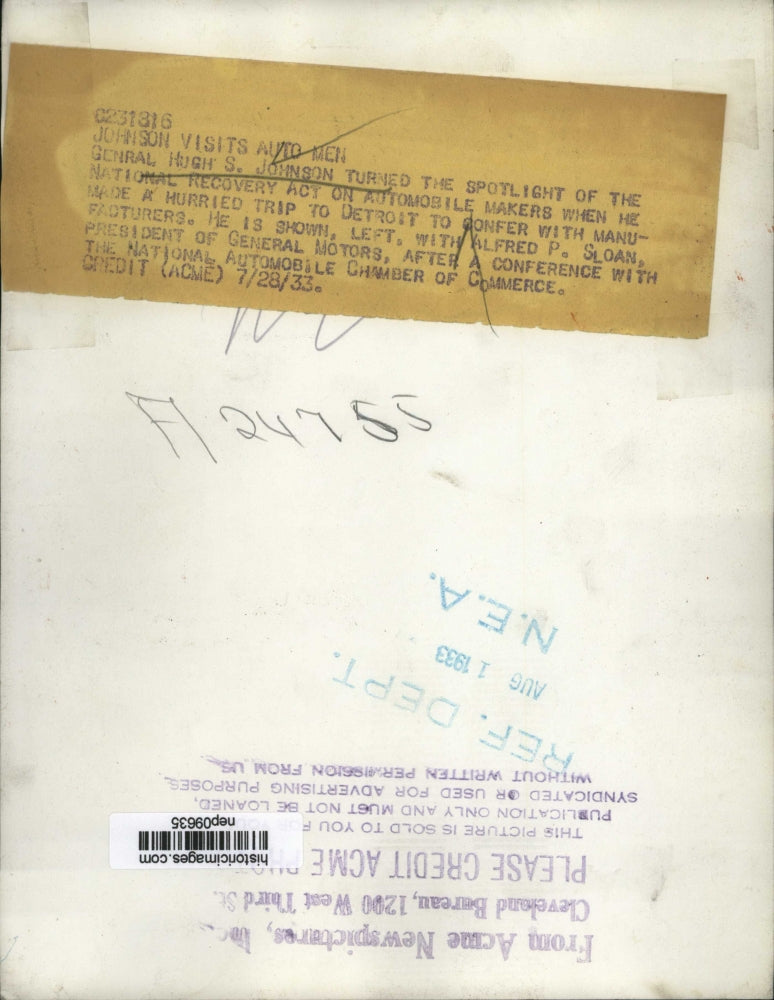 1933 Press Photo Gen Hugh S Johnson Visits Auto Manufacturers in Detroit