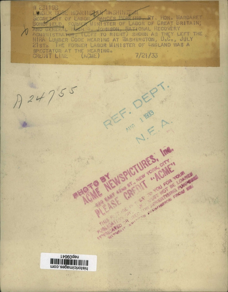 1933 Press Photo Secy of Labor Frances Perkins & Margaret Bondfield with Johnson