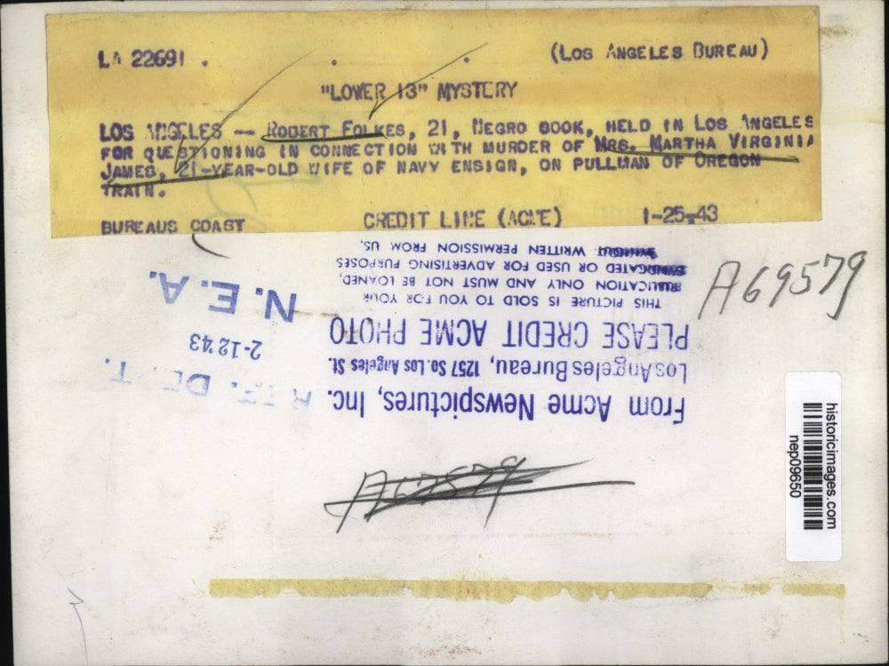 1943 Press Photo Robert Folkes hekd in LA for murderr of Mrs M V James
