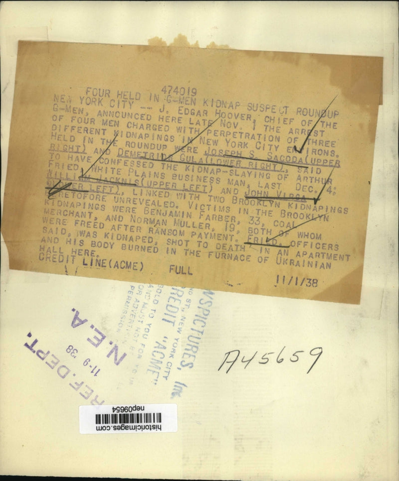 Load image into Gallery viewer, 1938 Press Photo Kidnap suspects Joseph Sacoda, Demetrius Gla - nep09654
