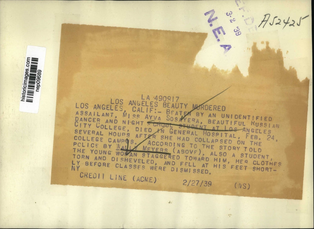 1939 Press Photo Russian Ayva Sosayere Beaten by Unidentified Assailant Died