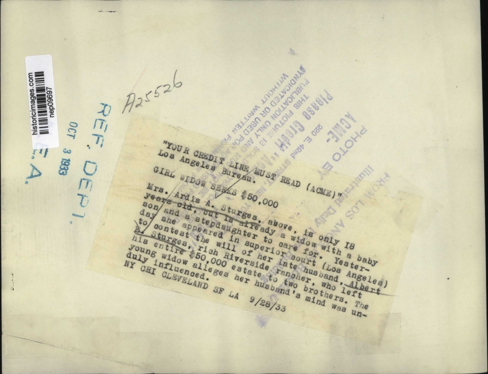 1933 Press Photo Widow Ardia A Sturges Contests Late Husband's Will in Court