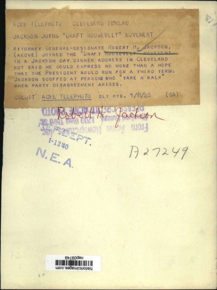 Load image into Gallery viewer, 1940 Press Photo Atty Gen Designate Rob Jackson Joins Draft Roosevelt Movement
