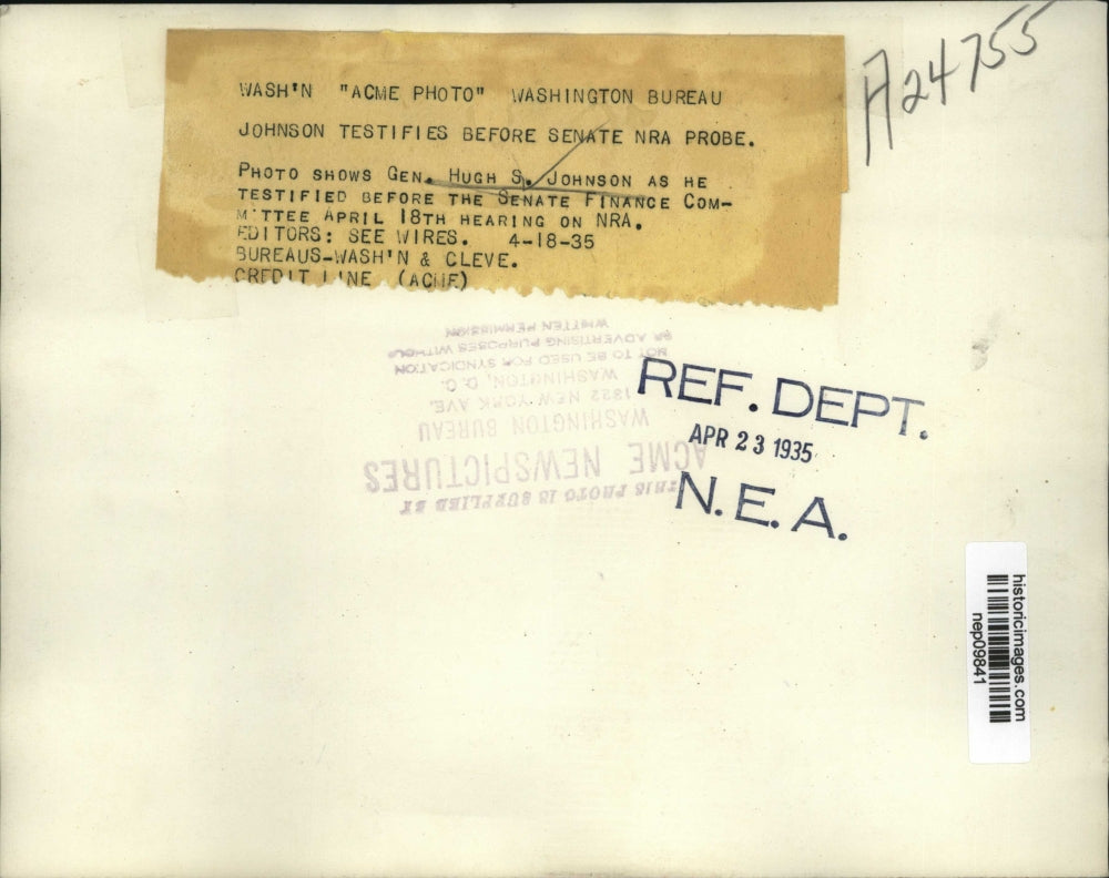 1935 Press Photo Gen Hugh Johnson Testifies Before Senate NRA Probe - nep09841