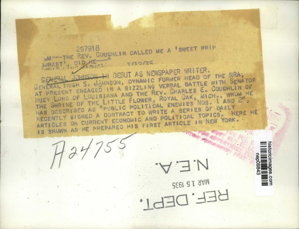 1935 Press Photo Gen Hugh Johnson in Debut as Newspaper Writer in New York